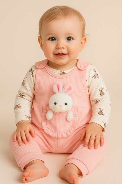 Baby Girl Romper Set with Toy Rabbit and Snap Fasteners, 2-Piece Romper Set – Bodysuit and Romper | 3-6-9 Months