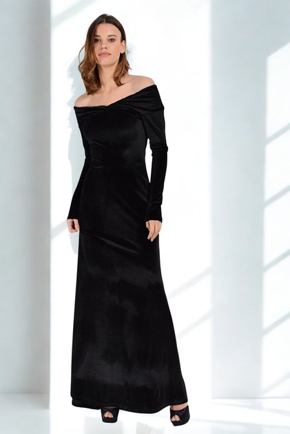 Kadın Siyah GÜL-BAHAR HATUN MODELİ Madonna Yaka Uzun Kol Kadife Balık Abiye Davet Elbisesi 19L6712