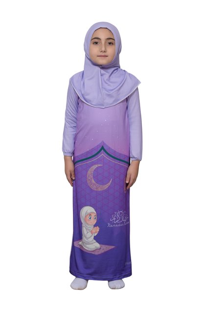 Children's Prayer Set Practical One-Piece Patterned Sleeves and Removable Headscarf Lycra Hijab Dress (6-12