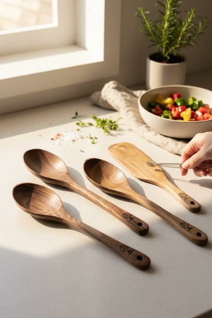 Forest Decor 4-Piece Olive Wood Utensil Set - Spatula, Spoon, Slotted Spoon