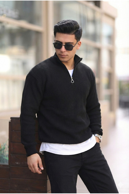 Quafash Half Zipper Mock Neck Corded Fabric Casual Sweater-Men's