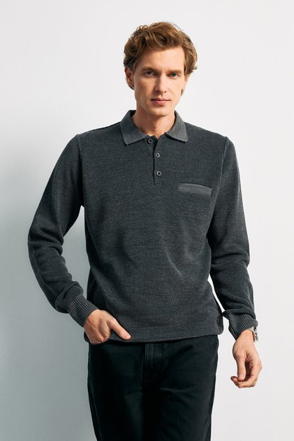 Men's Polo Neck Gray Sweater with Pockets, Pique Pattern, Steel Knit, Classic Fit - 5214F