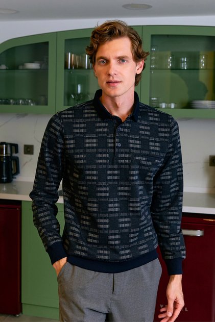 Men's Polo Neck Navy Blue Sweat Patterned Classic Fit with Pockets - 5231F