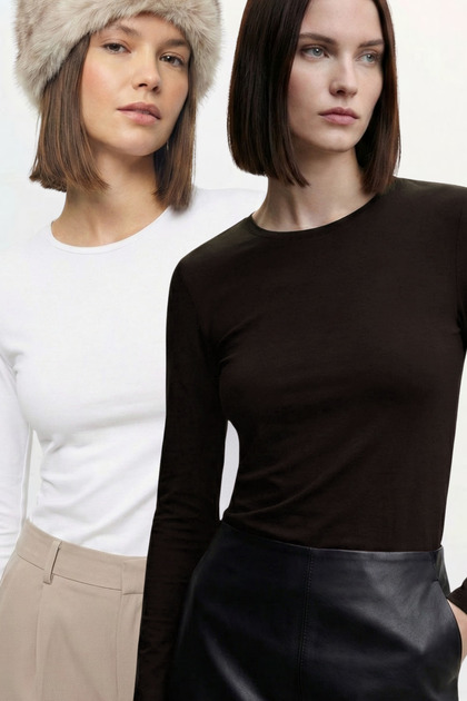 Kadın 2'li Bisiklet Yaka Basic Ultra Soft %100 Pamuk Uzun Kol Bluz - Beyaz Kahve 1