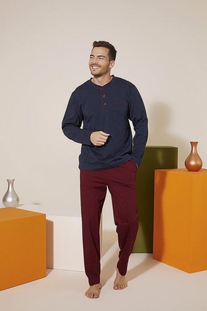 9221 Erkek Midi Yaka Pantolon Baskılı Pijama Takım