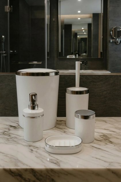 Bathroom Set 5 Pcs, Acrylic-Cement, Wc Brush Holder, Liquid Soap Dispenser, Toothbrush Holder, Hand Soap Dispenser