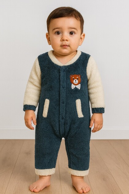 Winter Sweet Teddy Bear Pocketed Welsoft Zippered Winter Baby Jumpsuit