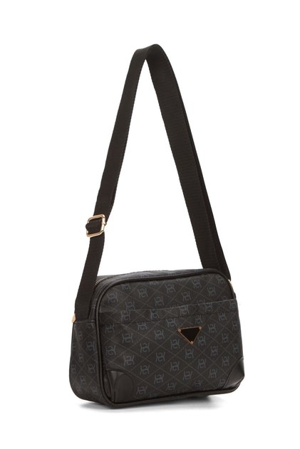 Women's Monogram Patterned Long Strap Cross Shoulder Bag - Black