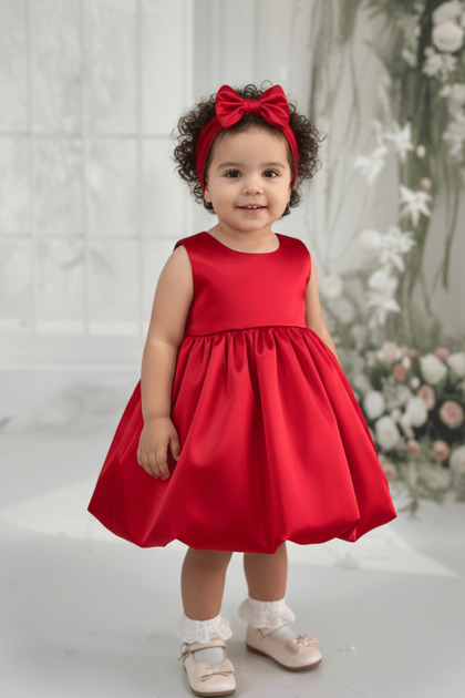 Balloon Skirt Girl Child Baby Satin Red Wedding Dress Evening Dress