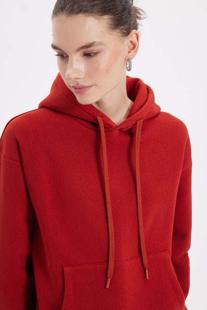 Women's Oversize Wide Cut Cotton Soft Textured Basic Brick Hooded Sweatshirt with Fleece Inside