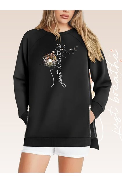 Plus Size Breathe Printed Zipper Slit Detailed Soft Flowy Fabric Raglan Sleeve Sweatshirt