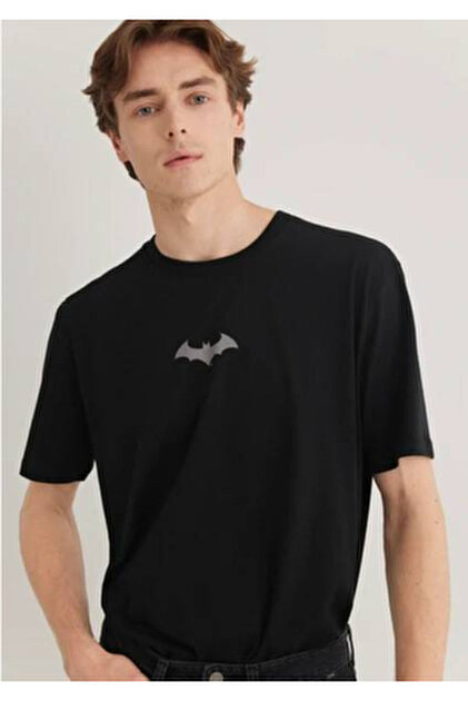 Mavi Batman Baskılı Siyah Tişört Loose Fit / Bol Rahat Kesim