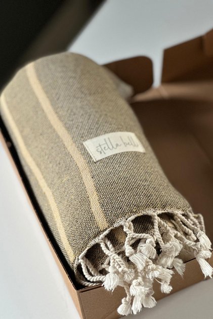 Peshtemal 90 X 180 Cm Jacquard 100% Bumbac țesut manual cu ciucuri | Snur în cutie | Bej - Muștar - Negru