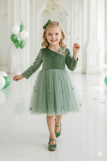 Girls' Velvet and Tulle Dress, Ideal for Special Occasions.