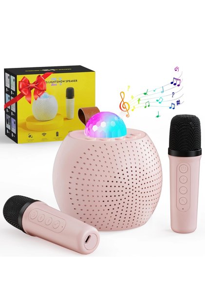 Set boxe karaoke Bluetooth cu 2 microfoane wireless, efecte de schimbare a vocii și lumină LED
