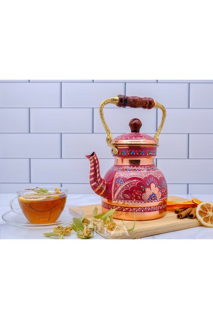 1,3 Litre El Işlemeli Nostaljik Tekli Kalaylı Bakır Demlik, Çaydanlık, Su Isıtıcısı