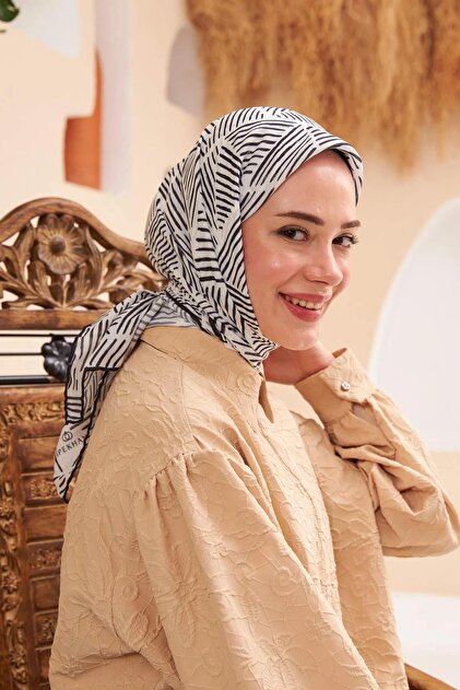 İpekhan Line Pattern Series White Black Cotton Viscose Scarf 1121-15