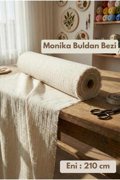 Monika Ham Kare Desenli Buldan Kumaş - Perde- Masa Örtüsü- Runner - Punch - Otantik Kumaş - 210cm