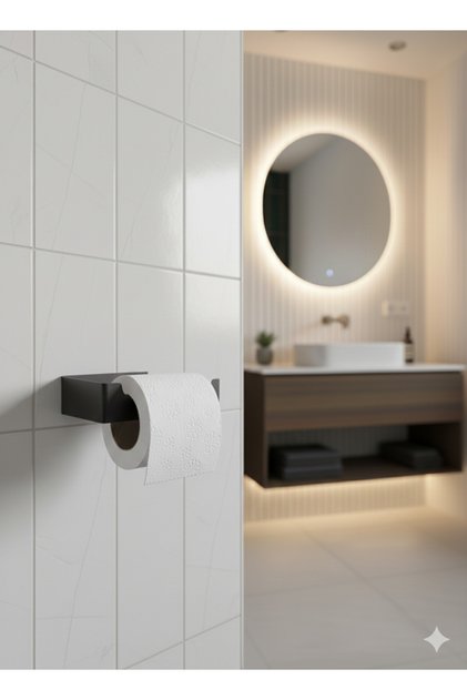 Modern Matte Black Metal Toilet Paper Holder (Adhesive) Ii | Minimal Wall Mounted Paper Holder