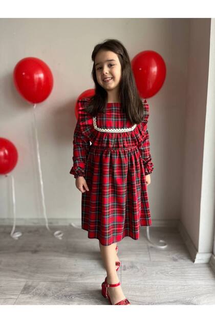 sarena Girls' Checkered Cotton Fabric Red Plaid Casual Dress- Trendyol sarena Girls' Checkered Cotton Fabric Red Plaid Casual Dress- Trendyol