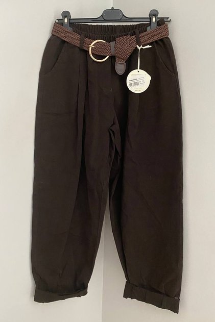 Women's Italian Brown Elastic Waist Belted Pocketed Plain Pattern Loose Trousers