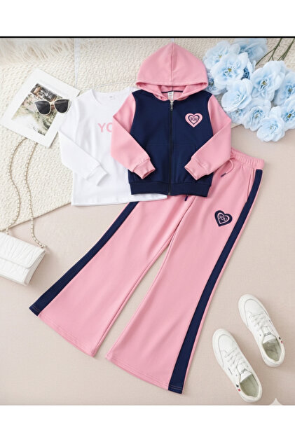 Girl's Pink Navy Blue 3-Piece Hooded Wide Leg Tracksuit Set