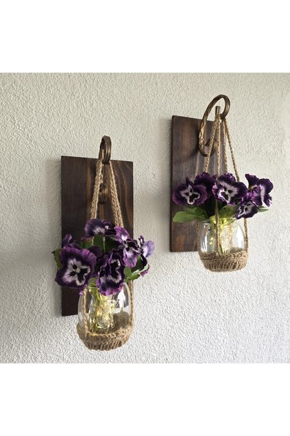 Wall Decoration, Led Lighted, Purple Violet Flowers, Walnut Sconce Set of Two
