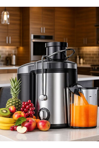 Electric fruit and vegetable juicer with 800 watts of power and a 600 ml capacity, featuring a wide opening for juicing fruits and vegetables.