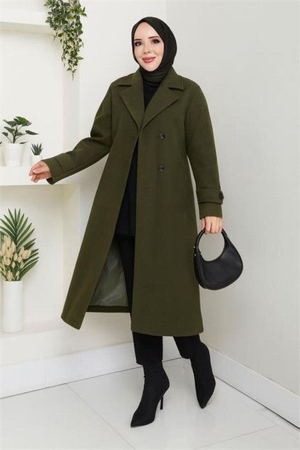 Women's Button Detailed Lined Midi Length Belted Cashmere Coat Nbft004