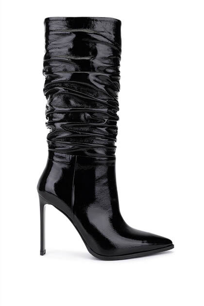 Women's Genuine Leather Black Patent Leather Heeled Boots