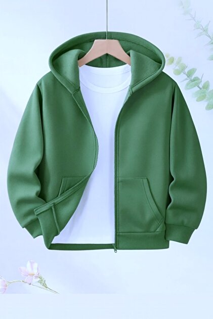 Çocuk Unisex Kapüşonlu Fermuarlı Yeşil Hırka
