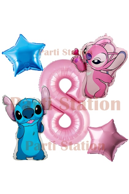 Lilo Stitch and Angel Balloon Set 8 Years Old 5 Piece Pink Number and Star Foil Balloon Birthday Party Set