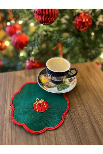 Christmas Gift Package Theme Embroidered Coffee Side Cocktail Linen Presentation Napkin Coaster Single
