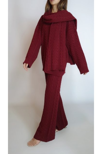 Women's Burgundy Hair Weave Pattern Sweater Pants Scarf Three-Piece Knitwear Set Yy101300