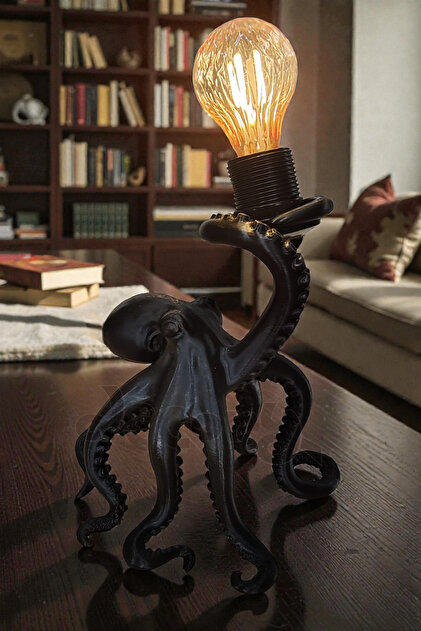 Octopus Ahtapot Figürlü Masa Lambası, Cozy Tarz Dekoratif Masa Lambası (Rustik ampul hediyeli) E27