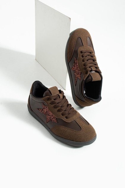 Women's Sneaker Lace-Up Half Star Detailed Sports Shoes Nuvon - Brown