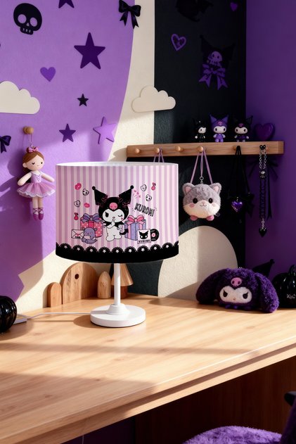 Lila Şeritli Partici Kuromi Desenli Çocuk Odası Abajur