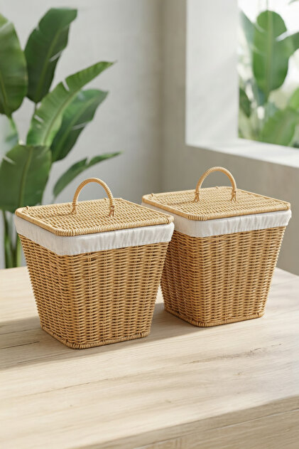 2'li Kare Rattan Hasır Patates Soğan Sarımsak Meyve Sepeti Düzenleyici Organizer -9T01