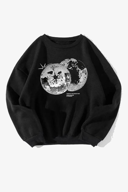Unisex Disco World Printed Black Crew Neck Sweatshirt