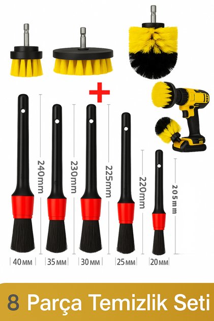 8 Parça Araç Temizlik Seti – 3 Başlıklı Matkap Uçlu Fırça, 5’li Detailing Fırça
