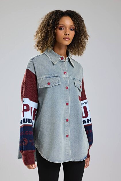 Kadın Kolları Triko Örgü Detaylı Denim Tasarım Gömlek Ceket