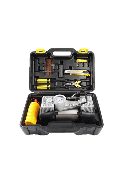 Kit pentru pană - compresor de 12V, 2 cilindri și 7 accesorii