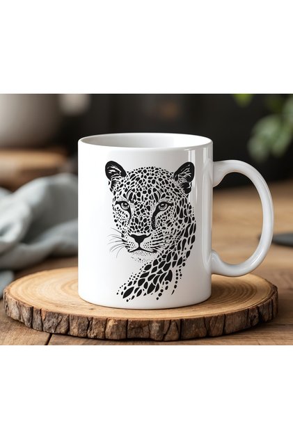 Leopar Desenli Baskılı Seramik Kupa Bardak 330 ml Siyah Beyaz Minimal Hayvan Temalı