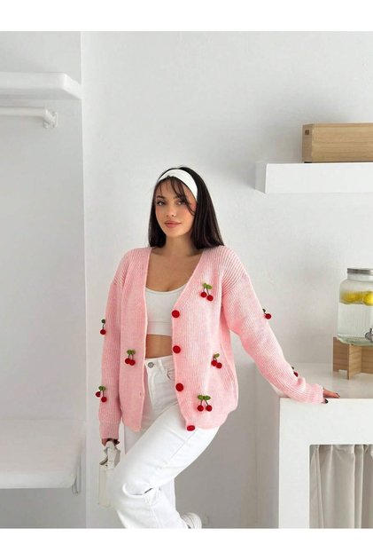 Women's V-Neck Cherry Stitch Detailed Knitwear Cardigan