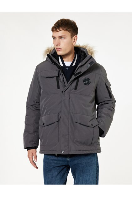 Long Sleeve Pocket Detail Faux Fur Hooded Winter Parka