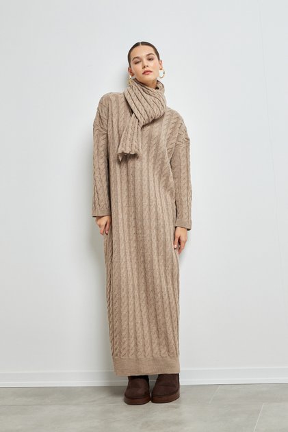 Knitted Dress with Detail Work Cream Color