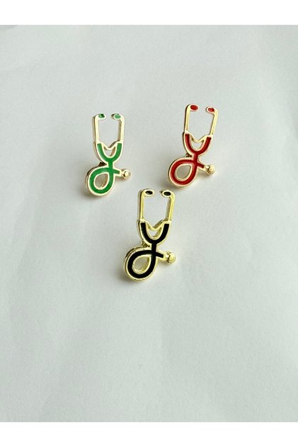 Steteskop Yaka Rozeti Broş 3 Adet Siyah, Kırmızı ve Yeşil Renk Kombin Doktor Hemşire Metal Gold