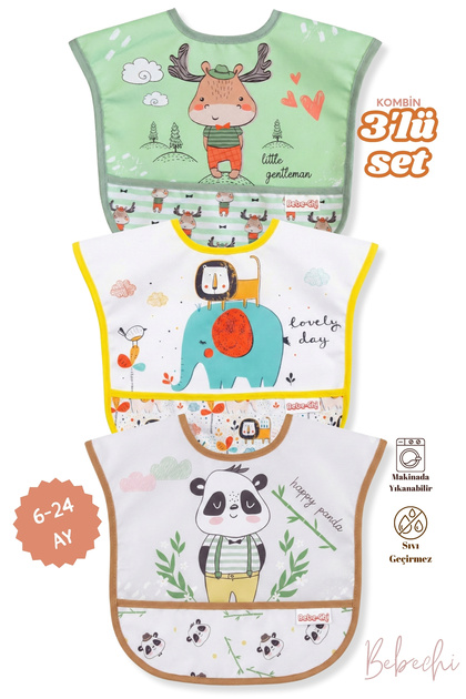 3 Lü Kombin(GEYİK-ASLAN-PANDA) Set (SIVI GEÇİRMEZ) Aktivite ve Cepli Mama Önlüğü 6-24 Ay