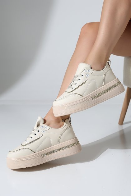 Glittery Detailed Beige High-Soled Women’s Sneakers – Comfortable and Stylish Women’s Shoes