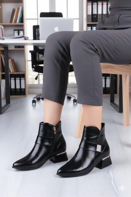 358-701 Buckle Detailed Pointed Toe 3 cm Thick Heel Zippered Women's Boots